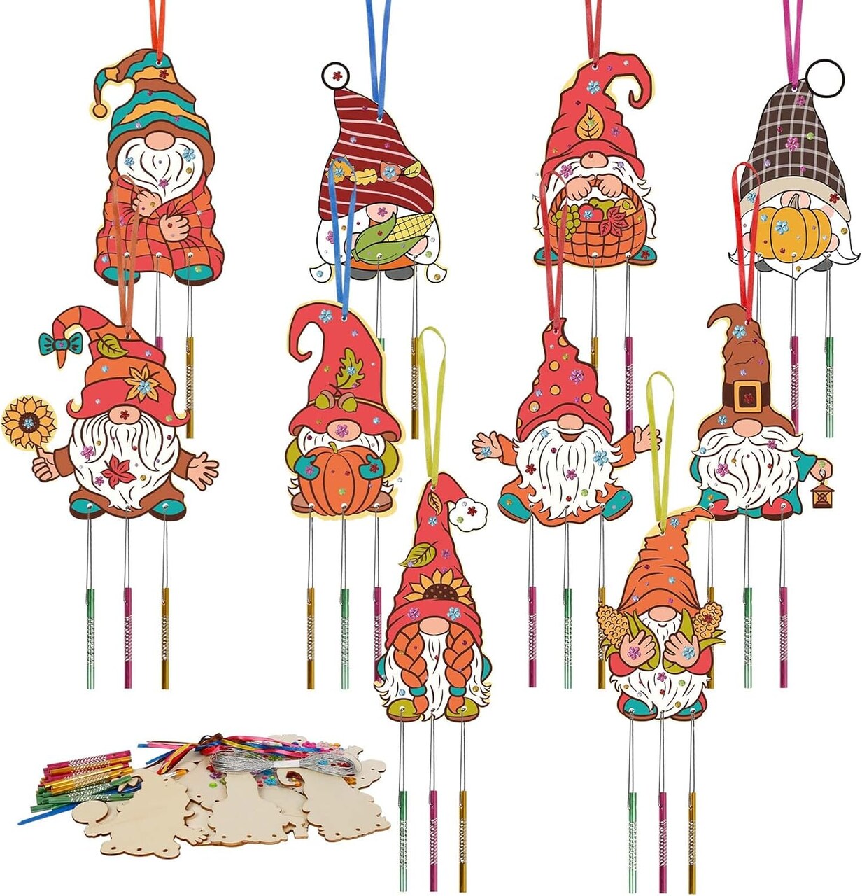 10-Pack Fall Kids Craft Kits – DIY Wooden Wind Chime Coloring Set with Gnome Ornaments – Autumn, Halloween & Thanksgiving Arts and Crafts Activity for Kids (Colorful)